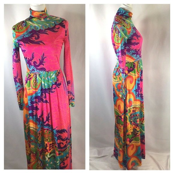 Vtg 60's Maxi Dress~Hippie~Psychedelic~Handmade~ - Picture 2 of 11
